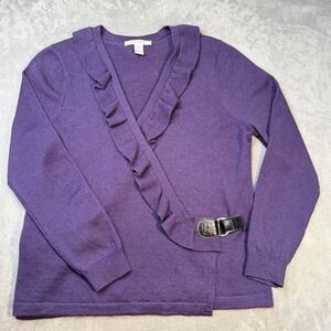Avellini Wrap Cardigan Sweater XL 100% Italian Merino Wool Ruffle Purple Buckle